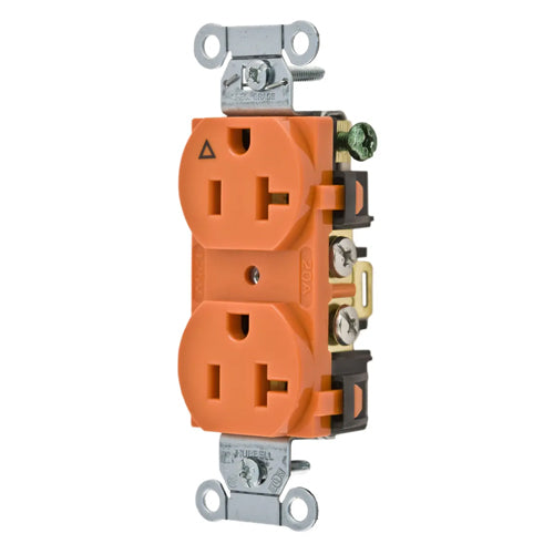 Hubbell IG20CR, Commercial Grade Duplex Receptacles, Isolated Ground, Side Wired Only, 20A 125V, 5-20R, 2-Pole 3-Wire Grounding, Orange