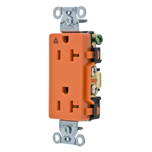 Hubbell IG20DR, Commercial Grade Decorator Duplex Receptacles, Isolated Ground, Back and Side Wired, 20A 125V, 5-20R, 2-Pole 3-Wire Grounding, Orange