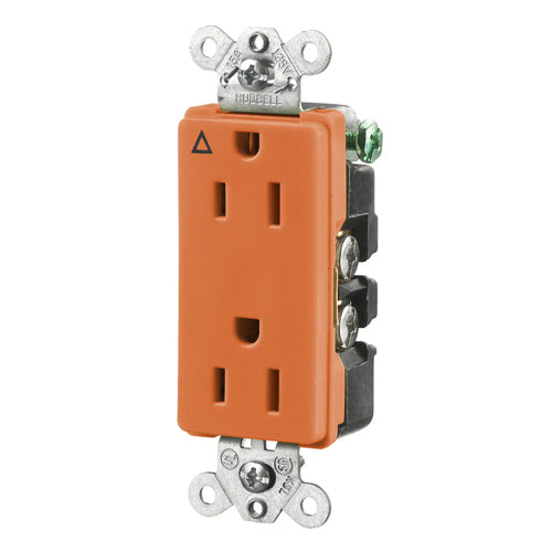 Hubbell IG2152, Extra Heavy Duty Max Compact Decorator Duplex Receptacles, Isolated Ground, 15A 125V, 5-15R, 2-Pole 3-Wire Grounding, Orange