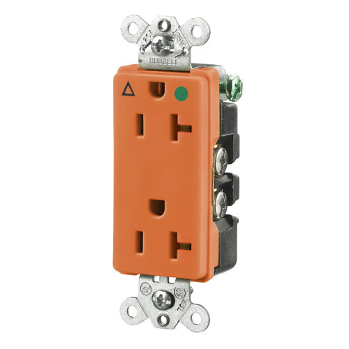 Hubbell IG2182, Extra Heavy Duty Max Receptacles, Style Line Decorator, Hospital Grade, Isolated Ground, 20A 125V, 5-20R, 2-Pole 3-Wire Grounding, Orange