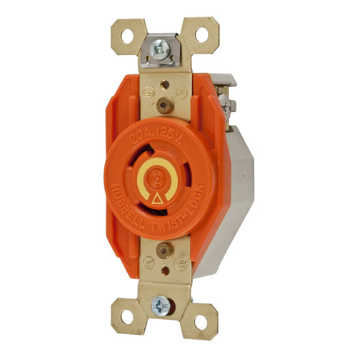 Hubbell IG2310, Single Flush Receptacles, Isolated Ground, Orange Nylon Face, Back and Side Wired, 20A 125V, L5-20R, 2-Pole 3-Wire Grounding