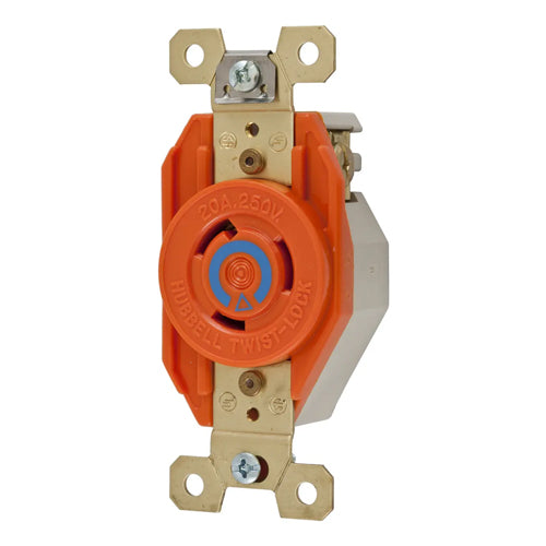 Hubbell IG2320, Single Flush Receptacles, Isolated Ground, Orange Nylon Face, Back and Side Wired, 20A 250V, L6-20R, 2-Pole 3-Wire Grounding