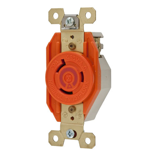 Hubbell IG2340, Single Flush Receptacles, Isolated Ground, Orange Nylon Face, Back and Side Wired, 20A 480V, L8-20R, 2-Pole 3-Wire Grounding