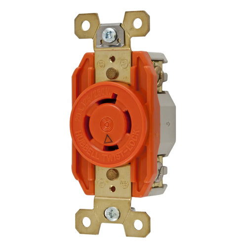 Hubbell IG2410, Single Flush Receptacles, Isolated Ground, Orange Nylon Face, Back and Side Wired, 20A 125/250V, L14-20R, 3-Pole 4-Wire Grounding