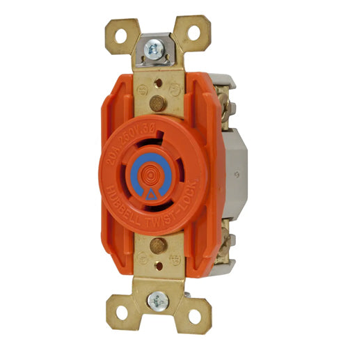 Hubbell IG2420, Single Flush Receptacles, Isolated Ground, Orange Nylon Face, Back and Side Wired, 20A 250V, L15-20R, 3-Pole 4-Wire Grounding