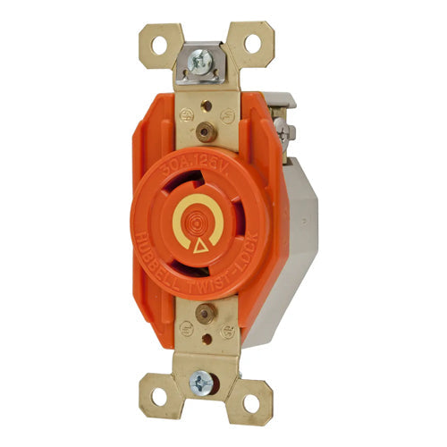 Hubbell IG2610, Single Flush Receptacles, Isolated Ground, Orange Nylon Face, Back and Side Wired, 30A 125V, L5-30R, 2-Pole 3-Wire Grounding