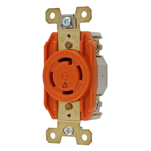 Hubbell IG2710, Single Flush Receptacles, Isolated Ground, Orange Nylon Face, Back and Side Wired, 30A 125/250V, L14-30R, 3-Pole 4-Wire Grounding