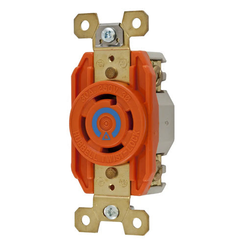 Hubbell IG2720, Single Flush Receptacles, Isolated Ground, Orange Nylon Face, Back and Side Wired, 30A 250V, L15-30R, 3-Pole 4-Wire Grounding