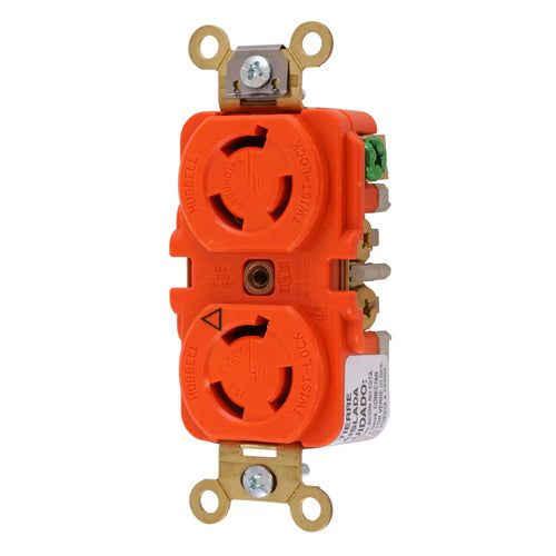 Hubbell IG4550A, Duplex Flush Receptacles, Isolated Ground, Orange RTP Face, Back and Side Wired, 15A 250V, L6-15R, 2-Pole 3-Wire Grounding