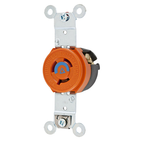 Hubbell IG4560, Single Flush Receptacles, Isolated Ground, Orange Nylon Face, Back and Side Wired, 15A 250V, L6-15R, 2-Pole 3-Wire Grounding