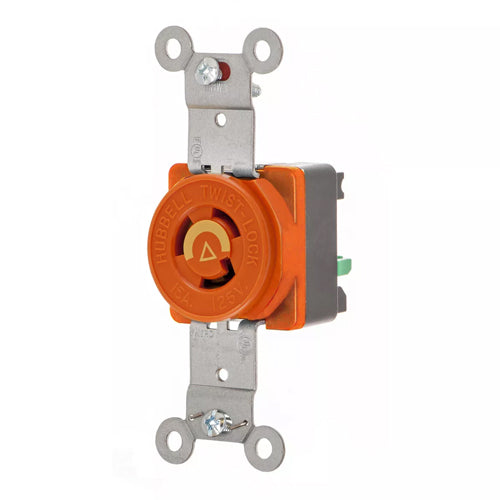 Hubbell IG4710ST, Single Flush Receptacle, Isolated Ground, Orange Nylon Face, Spring Termination, 15A 125V, L5-15R, 2-Pole 3-Wire Grounding