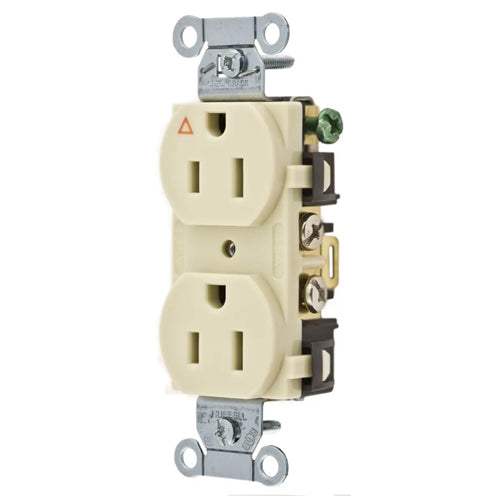 Hubbell-PRO IG5252I, Heavy Duty Duplex Receptacles, Isolated Ground, Back and Side Wired, 15A 125V, 5-15R, 2-Pole 3-Wire Grounding, Ivory