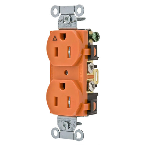 Hubbell-PRO IG5252TR, Heavy Duty Duplex Receptacles, Isolated Ground, Tamper Resistant, Back and Side Wired, 15A 125V, 5-15R, 2-Pole 3-Wire Grounding, Orange