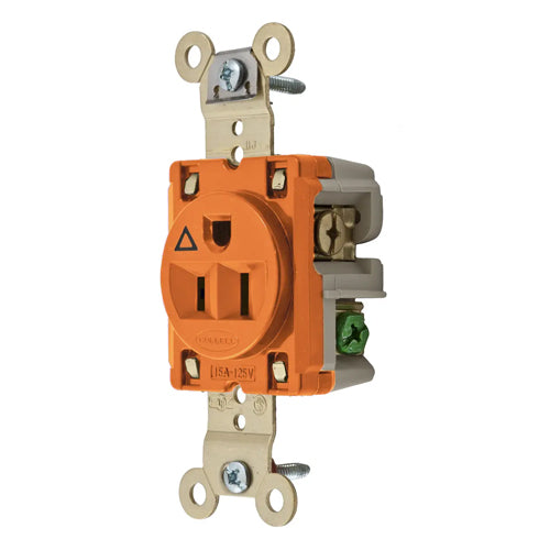 Hubbell IG5261, Extra Heavy Duty Max Single Receptacles, Isolated Ground, Back and Side Wired, 15A 125V, 5-15R, 2-Pole 3-Wire Grounding, Orange