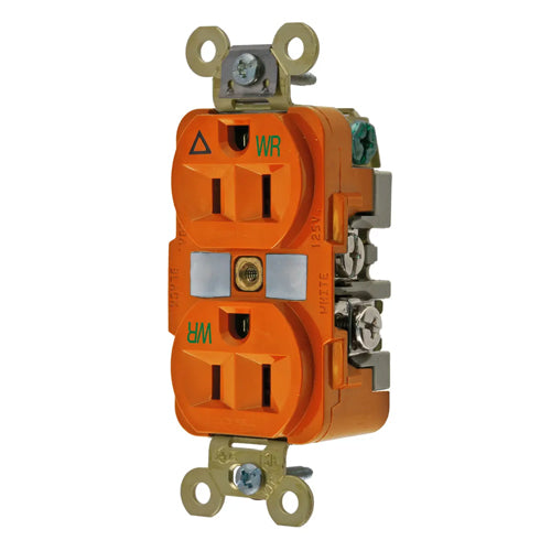 Hubbell IG5262WR, Extra Heavy Duty Max Duplex Receptacles, Weather Resistant, Isolated Ground, 15A 125V, 5-15R, 2-Pole 3-Wire Grounding, Orange