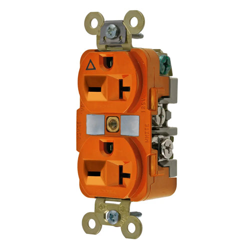 Hubbell IG5462, Extra Heavy Duty Max Duplex Receptacles, Isolated Ground, Back and Side Wired, 20A 250V, 6-20R, 2-Pole 3-Wire Grounding, Orange