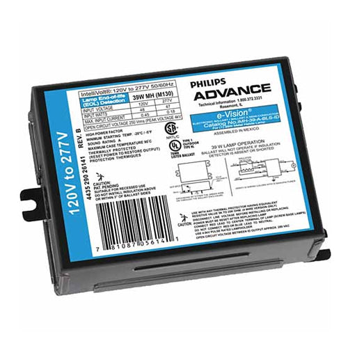 Philips Advance e-Vision IMH50GBLSM, Electronic Ballast For 39W and 50W Metal Halide Lamps, Bottom Leads with Studs, 120-277V, Smaller Metal Case