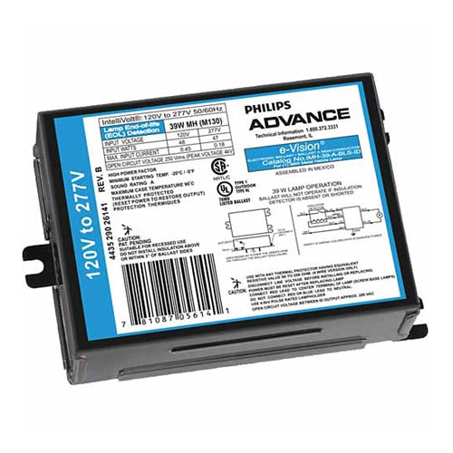 Philips Advance e-Vision IMH50GLFM, Electronic Ballast For 39W and 50W Metal Halide Lamps, Side Exit Leads with Mounting Feet, 120-277V, Smaller Metal Case
