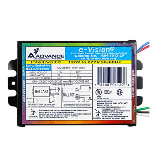 Philips Advance e-Vision IMH70DLFM, 70 Watt, Metal Halide Ballast, Pulse Start, 120-277 Volt, ANSI M98 M139 or M143, Power Factor 0.9, Max Temp Rating 85 deg C.