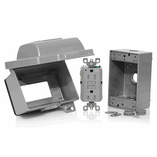 Leviton IUM1H-KBG, 1-Gang Horizontal Mount Weatherproof Cover Receptacle and Box Kit, (1) IUM1H-GY, (1) GFWT1-GY, and (1) 1GM53-GY, Aluminum, Gray