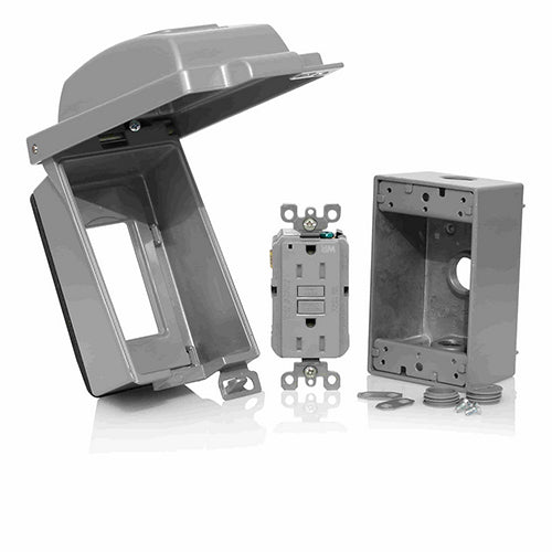Leviton IUM1V-KBG, 1-Gang Vertical Mount Weatherproof Cover Receptacle and Box Kit, (1) IUM1V-GY, (1) GFWT1-GY, and (1) 1GM53-GY, Aluminum, Gray