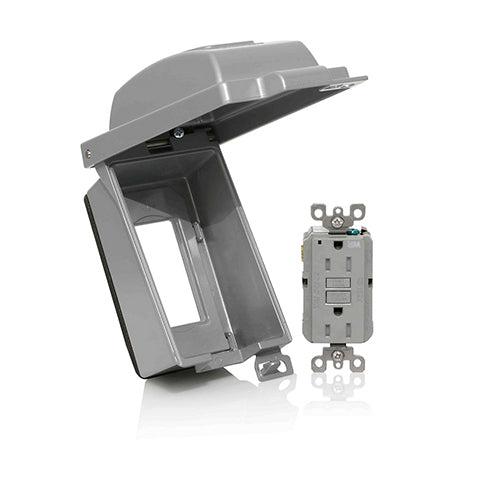 Leviton IUM1V-KRG, 1-Gang Vertical Mount Weatherproof Cover Receptacle Kit, (1) IUM1V-GY, (1) GFWT1-GY, Aluminum, Gray