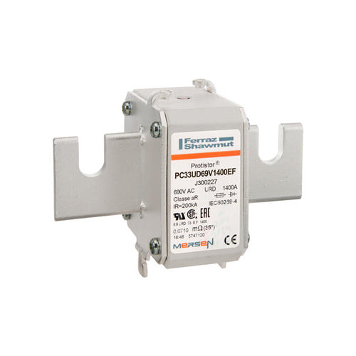 Mersen J300227, Square Body High-Speed Fuse, Fast Acting, Size 33 aR, 690/700VAC, 1400A, With Striker Open Slot Blades