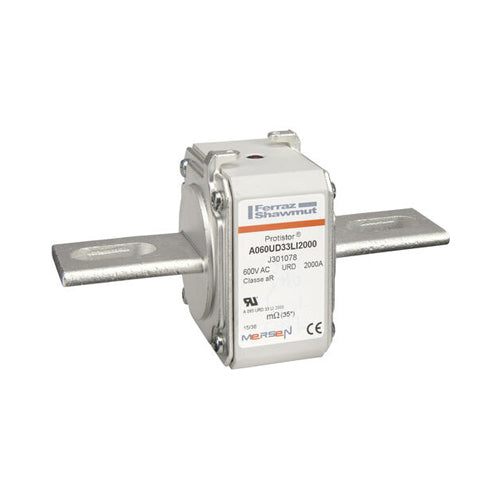 Mersen J301078, Square Body High-Speed Fuse, Fast Acting, Size 33 aR, 550/600VAC, 2000A, With Striker Slotted Blades long