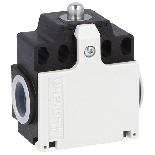 Lovato KCA1S02P, Limit Switch, K Series, Two Side Cable Entries, Top Metal Push Rod Plunger, Dimensions Compatible to EN/BS 50047, Plastic Body, Contacts 2NC Snap Action, PG13.5 Cable Entry