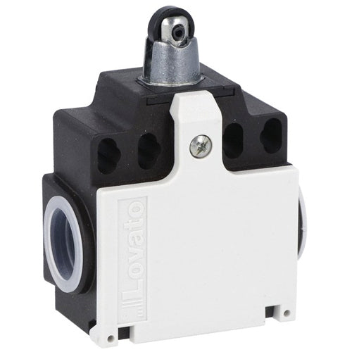 Lovato KCB1S11N, Limit Switch, K Series, Two Side Cable Entries, Top Plastic Roller Push Plunger, Dimensions Compatible to EN/BS 50047, Plastic Body, Contacts 1NO+1NC Snap Action, 1/2'' NPT