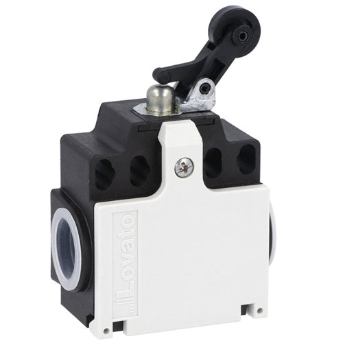 Lovato KCD1S11N, Limit Switch, K Series, Two Side Cable Entries, Plastic Roller Side Push Lever, Dimensions Compatible to EN/BS 50047, Plastic Body, Contacts 1NO+1NC Snap Action, 1/2'' NPT