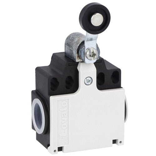 Lovato KCE1S11N, Limit Switch, K Series, Two Side Cable Entries, Plastic Roller Lever Plunger, Dimensions Compatible to EN/BS 50047, Plastic Body, Contacts 1NO+1NC Snap Action, 1/2'' NPT