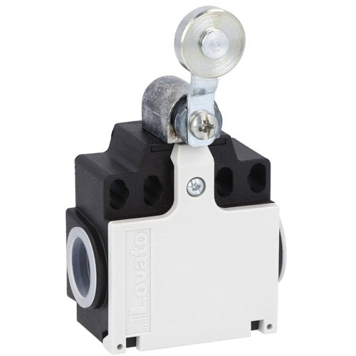 Lovato KCE2S11N, Limit Switch, K Series, Two Side Cable Entries, Metal Roller Lever Plunger, Dimensions Compatible to EN/BS 50047, Plastic Body, Contacts 1NO+1NC Snap Action, 1/2'' NPT