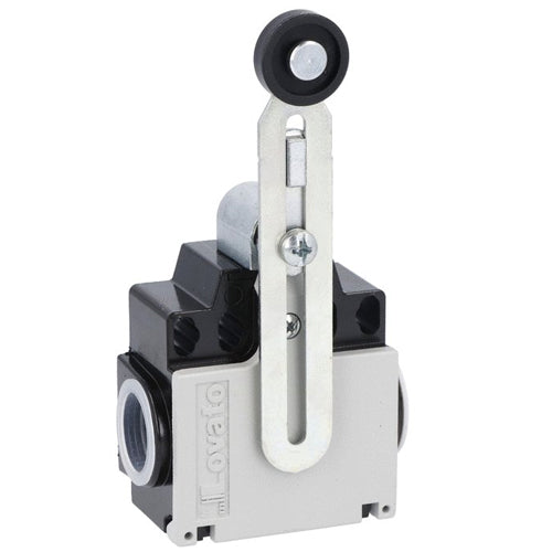 Lovato KCF1S11N, Limit Switch, K Series, Two Side Cable Entries, Plastic Adjustable Roller Lever, Dimensions Compatible to EN/BS 50047, Plastic Body, Contacts 1NO+1NC Snap Action, 1/2'' NPT