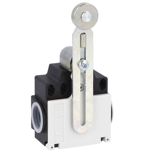 Lovato KCF2S11N, Limit Switch, K Series, Two Side Cable Entries, Metal Adjustable Roller Lever, Dimensions Compatible to EN/BS 50047, Plastic Body, Contacts 1NO+1NC Snap Action, 1/2'' NPT