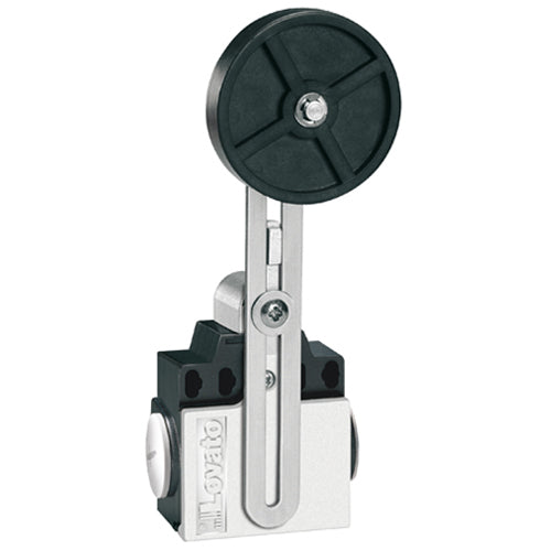 Lovato KNF4A11N, Limit Switch, K Series, Two Side Cable Entries, Rubber Adjustable Roller Lever with Offset Alignment, Dimensions Compatible to EN/BS 50047, Metal Body, Contacts 1NO+1NC Slow Action Make Before Break, 1/2'' NPT