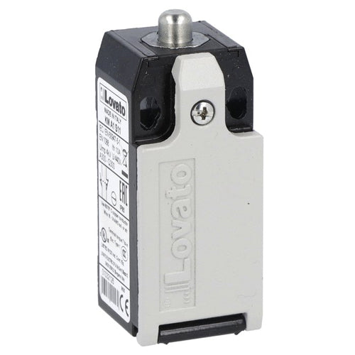 Lovato KMA1S11P, Limit Switch, K Series, One Bottom Cable Entry, Top Metal Push Rod Plunger, Dimensions to EN/BS 50047, Metal Body, Contacts 1NO+1NC Snap Action, PG13.5 Cable Entry