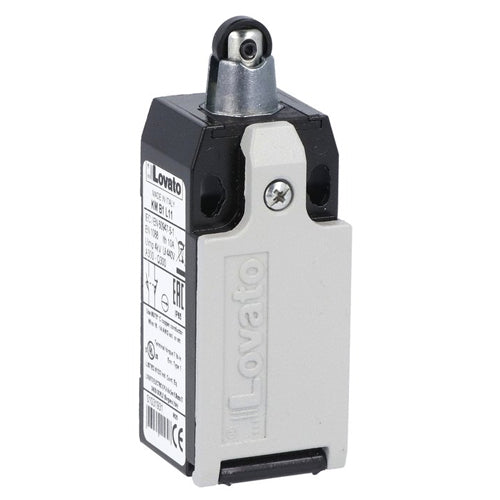 Lovato KMB1S11N, Metal Housing Limit Switch, 1NO + 1NC Contact Snap Action, Top Roller Push Plunger, Bottom Cable Entry 1/2 NPT Thread, IP65
