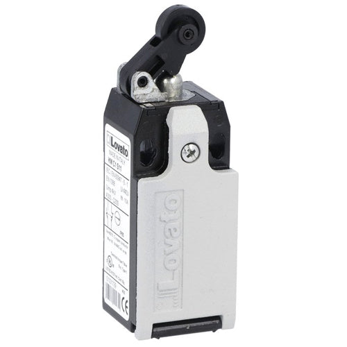 Lovato KMC1S11N, Limit Switch, K Series, One Bottom Cable Entry, Plastic Roller Centre Push Lever, Dimensions to EN/BS 50047, Metal Body, Contacts 1NO+1NC Snap Action, 1/2'' NPT