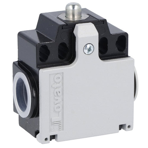 Lovato KNA1S11N, Limit Switch, K Series, Two Side Cable Entries, Top Metal Push Rod Plunger, Dimensions Compatible to EN/BS 50047, Metal Body, Contacts 1NO+1NC Snap Action, 1/2'' NPT