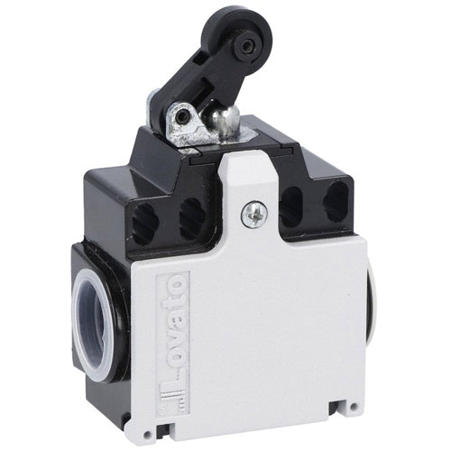 Lovato KNC1S11N, Limit Switch, K Series, Two Side Cable Entries, Plastic Roller Centre Push Lever, Dimensions Compatible to EN/BS 50047, Metal Body, Contacts 1NO+1NC Snap Action, 1/2'' NPT