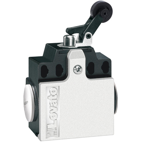 Lovato KND1S11N, Limit Switch, K Series, Two Side Cable Entries, Plastic Roller Side Push Lever, Dimensions Compatible to EN/BS 50047, Metal Body, Contacts 1NO+1NC Snap Action, 1/2'' NPT