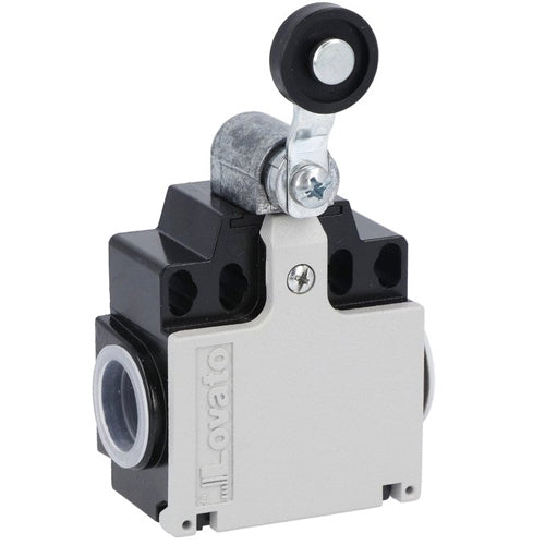 Lovato KNE1S11N, Limit Switch, K Series, Two Side Cable Entries, Plastic Roller Lever Plunger, Dimensions Compatible to EN/BS 50047, Metal Body, Contacts 1NO+1NC Snap Action, 1/2'' NPT