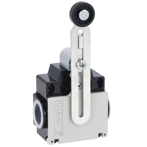 Lovato KNF1S11N, Limit Switch, K Series, Two Side Cable Entries, Plastic Adjustable Roller Lever, Dimensions Compatible to EN/BS 50047, Metal Body, Contacts 1NO+1NC Snap Action, 1/2'' NPT
