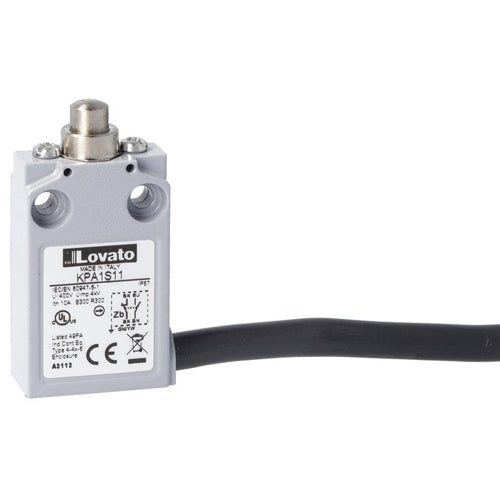 Lovato KPA1S11, Prewired Metal Limit Switch with 2m Long Cable, K Series, Top Push Rod Plunger, Contacts 1NO+1NC Snap Action