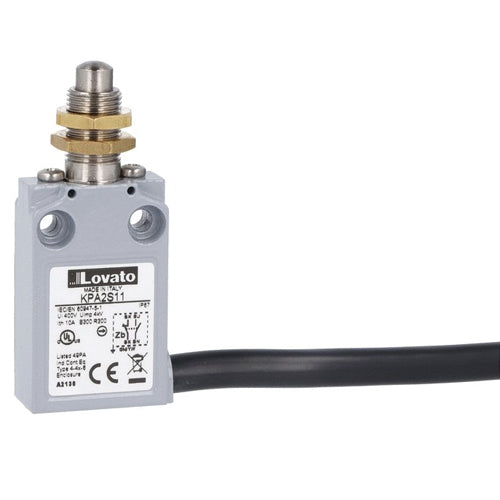 Lovato KPA2S11, Prewired Metal Limit Switch with 2m Long Cable, K Series, Top Push Rod Plunger, Contacts 1NO+1NC Snap Action, M12 Head Fixing