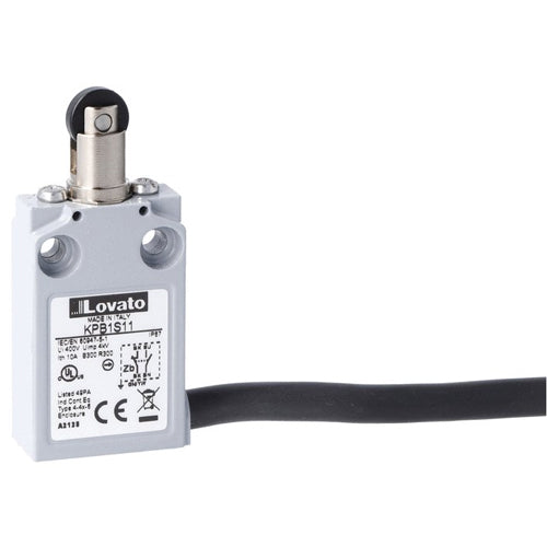 Lovato KPB1S11, Prewired Metal Limit Switch with 2m Long Cable, K Series, Top Plastic Roller Push Plunger, Contacts 1NO+1NC Snap Action