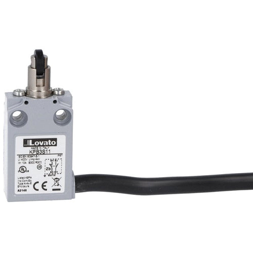 Lovato KPB3S11, Prewired Metal Limit Switch with 2m Long Cable, K Series, Top Plastic Roller Push Plunger, Contacts 1NO+1NC Snap Action, Roller Operation Perpendicular to Switch Body