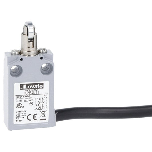 Lovato KPB4S11, Prewired Metal Limit Switch with 2m Long Cable, K Series, Top Metal Roller Push Plunger, Contacts 1NO+1NC Snap Action, Roller Operation Perpendicular to Switch Body
