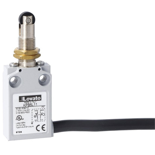 Lovato KPB5S11, Prewired Metal Limit Switch with 2m Long Cable, K Series, Top Plastic Roller Push Plunger, M12 Head, Contacts 1NO+1NC Snap Action